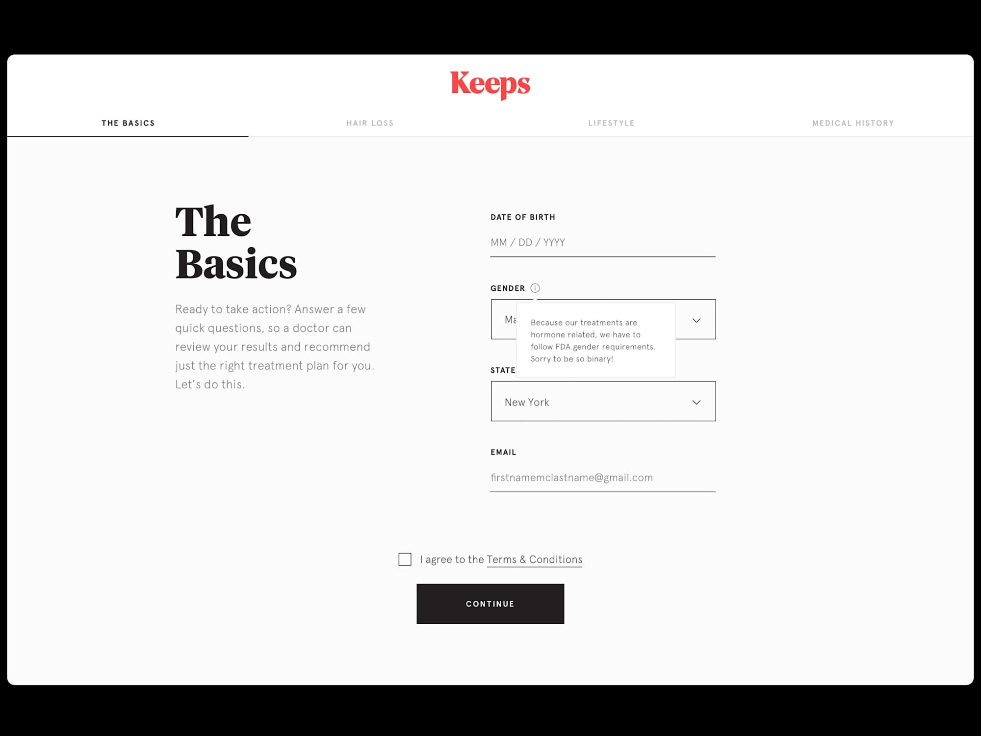 Keeps The Basics intake page, from Erin Horner's portfolio