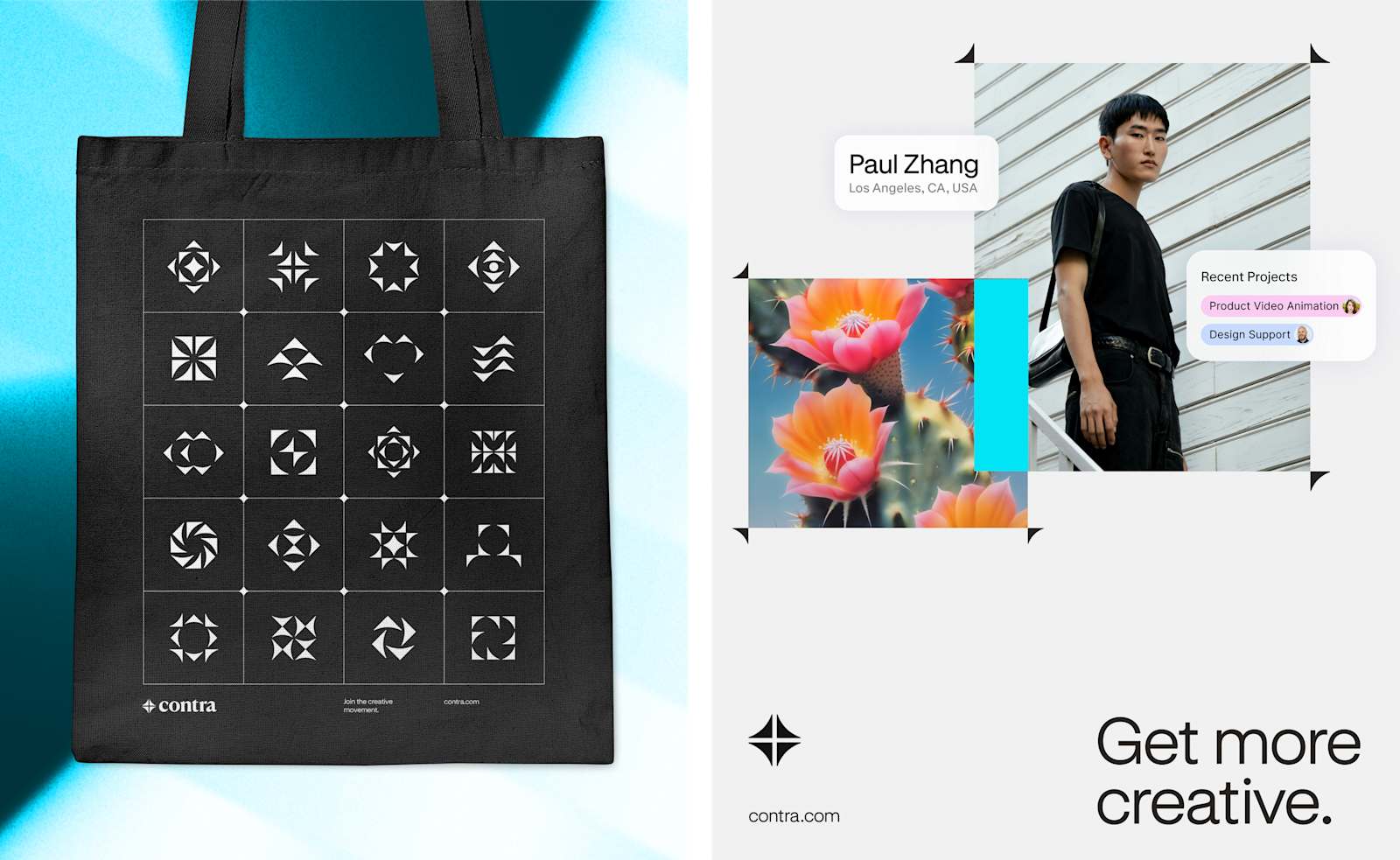 Contra tote bag with icon grid and Get More Creative collage
