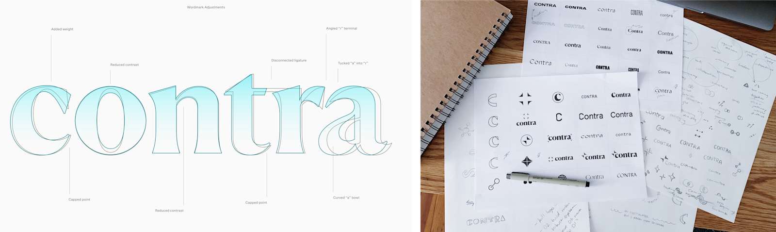 Contra wordmark adjustments and early logo sketches