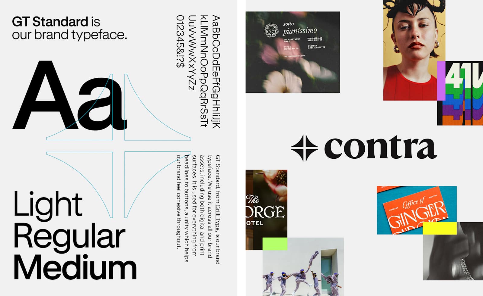 GT Standard, Contra's brand typeface, and brand collage